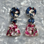 Acrylic Circle fan drop earring in blue and magenta pink mix