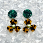 Acrylic Flower Drop Earrings in Emerald green and tortoise