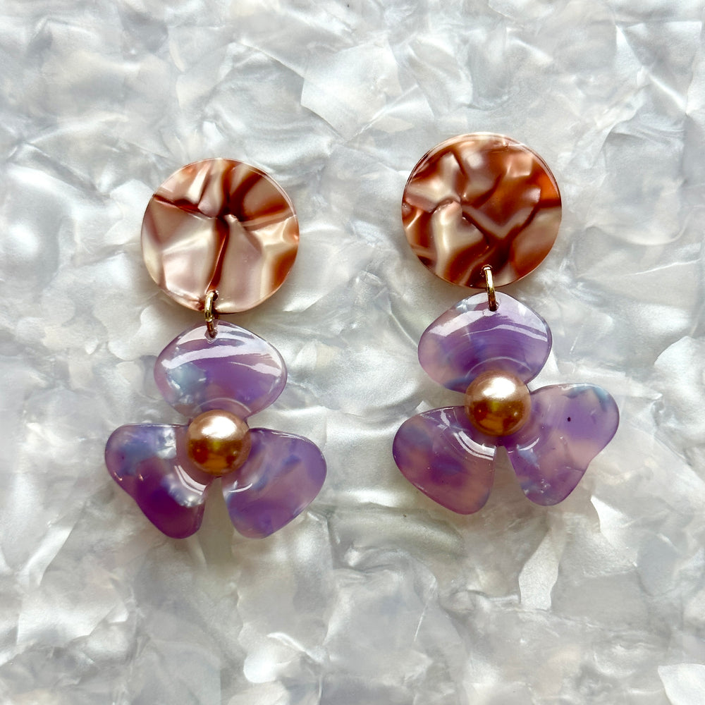 Acrylic Flower Drop Earrings in purple and brown