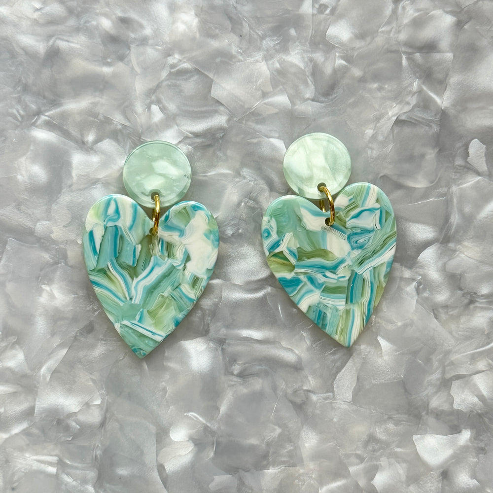 Acrylic Heart Earrings in Mint To Be, light blue, green, and white 