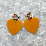 Acrylic Heart Earrings in Miss-behaving, Yellow and light multicolor 