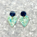 Acrylic Heart Earrings in Sage You Love, green, light blue, navy and white 