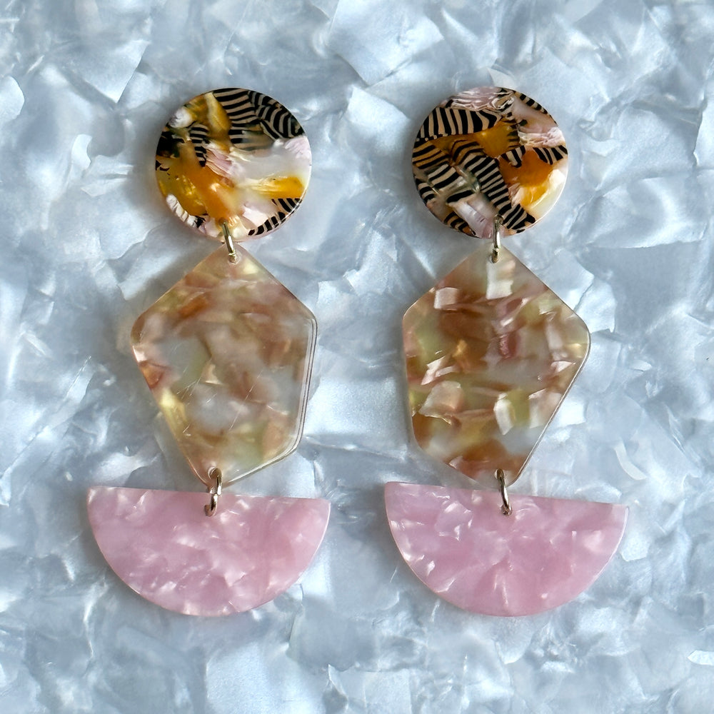 Acrylic Pendulum Drop Earrings in Centerpiece of Attention, pink, black, white and orange 