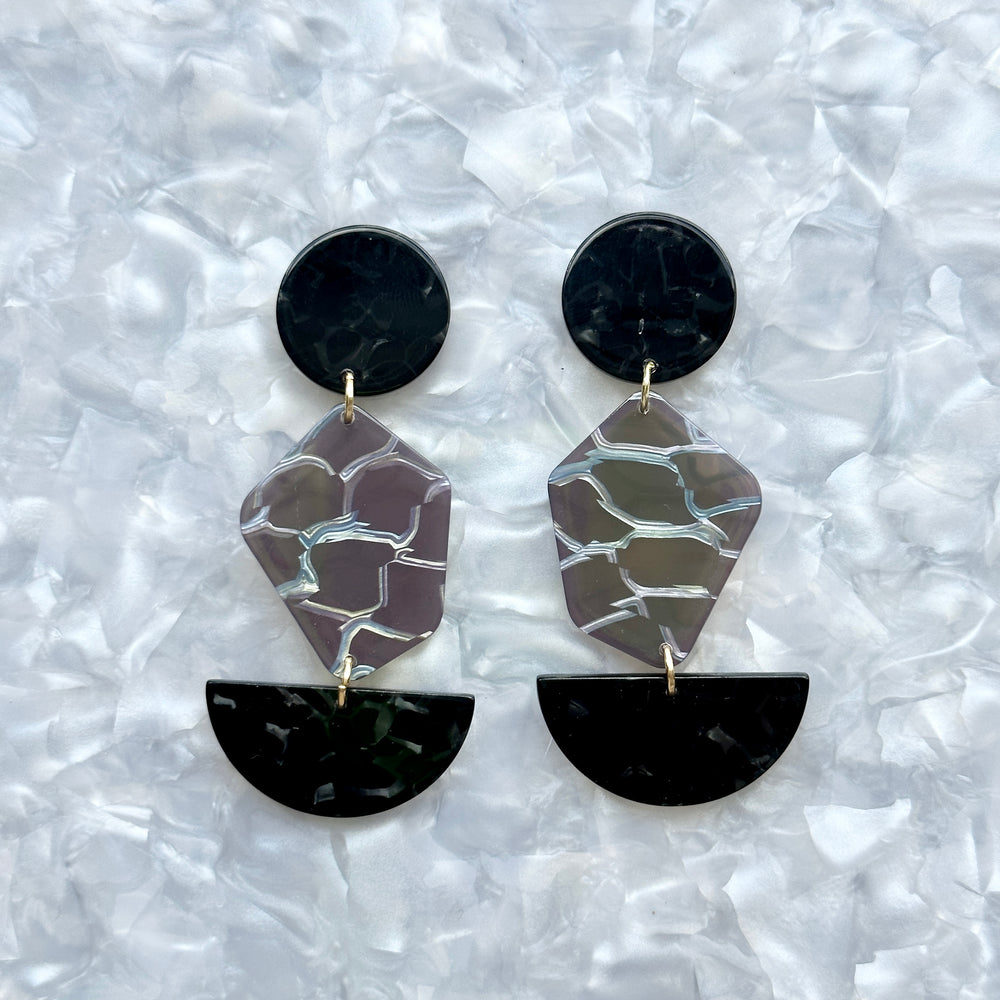 Acrylic Pendulum Drop Earrings in Do Not Disturb, black and sliver