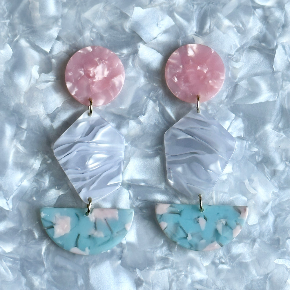 Acrylic Pendulum Drop Earrings in Lover, pink, gray, and light blue 