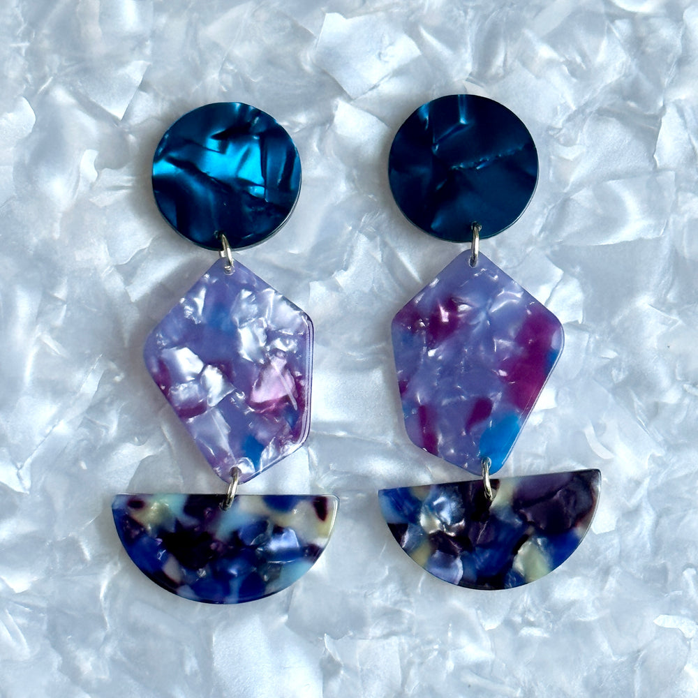 Acrylic Pendulum drop earrings in blue and purple 