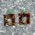 Acrylic Square Drop Earrings in Peanut Brittle, brown, lod and teal green 