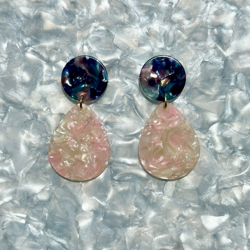 Acrylic Teardrop Earrings in Sweet Tooth, pink, white, blue, and purple