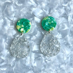 Acrylic Teardrop Earrings in Unguilty Pleasures, clear, sliver, green and yellow 