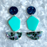 Acyrlic Pendulum Drop Earrings in Along For The Vibe, navy blue and teal green 