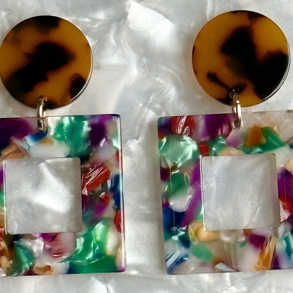 Close Up of acrylic Square Drop Earrings in Festive AF, tortoise and multicolor 