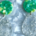 Woman wearing  Acrylic Teardrop Earrings in Unguilty Pleasures, clear, sliver, green and yellow 