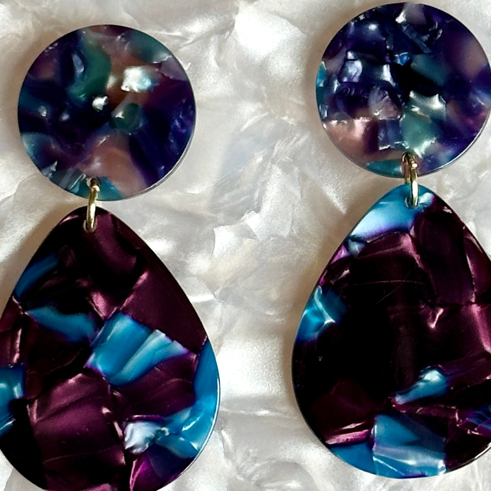 Woman wearing Acrylic Teardrop Earrings in Walking the Walk, deep blue and purple