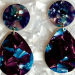 Woman wearing Acrylic Teardrop Earrings in Walking the Walk, deep blue and purple