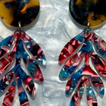 Palm Leaf Drop Earrings in Magenta and Blue with Tortoise