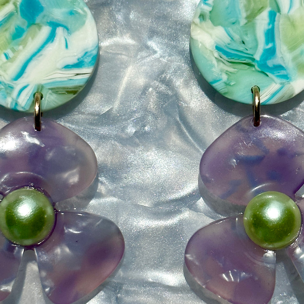 Pearl Water Poppy Drop Earrings in Purple and Green