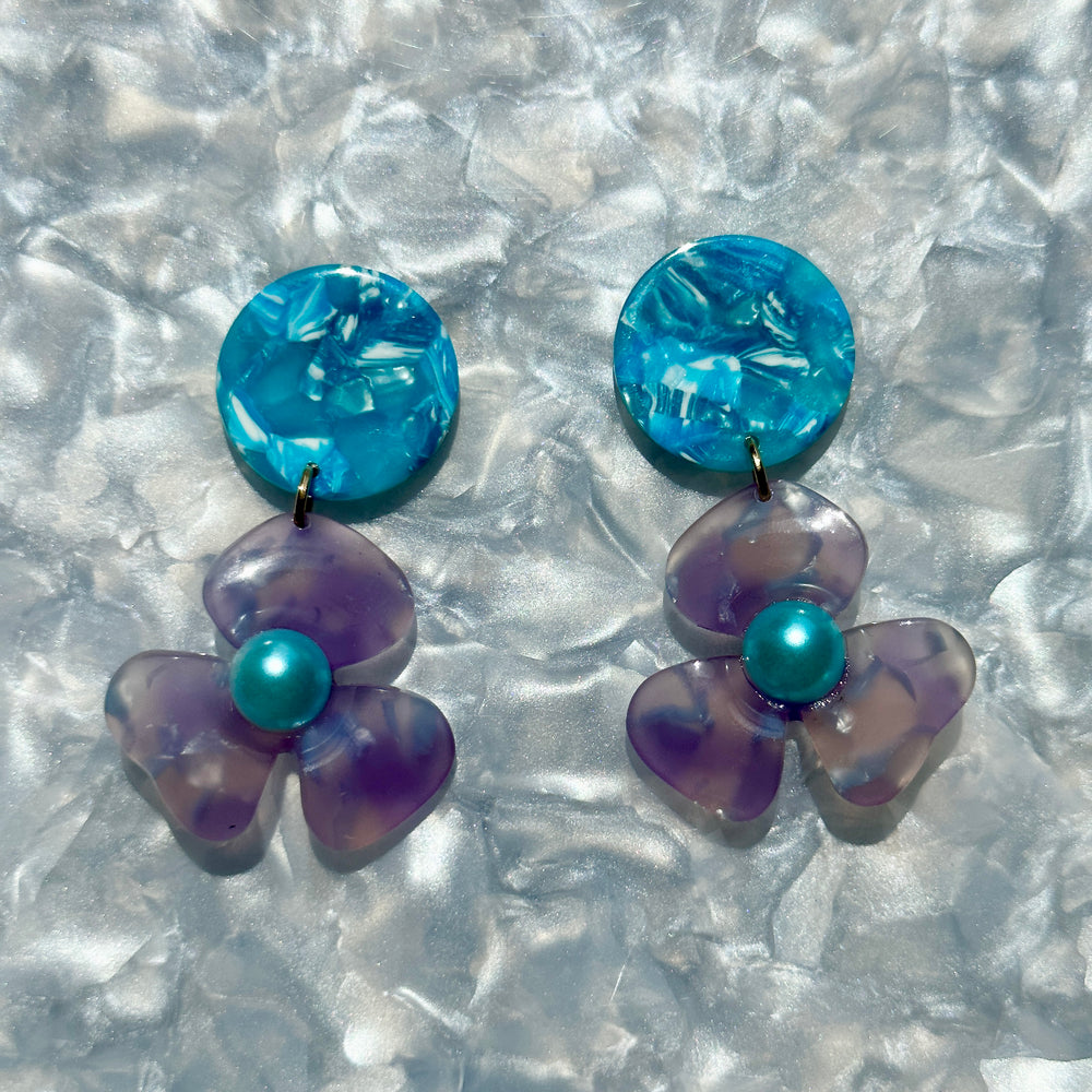 Pearl Water Poppy Drop Earrings in Purple and Blue