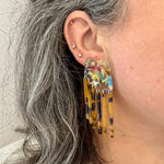 Shield Earrings in Pink, Yellow and Blue with Tortoise Fringe