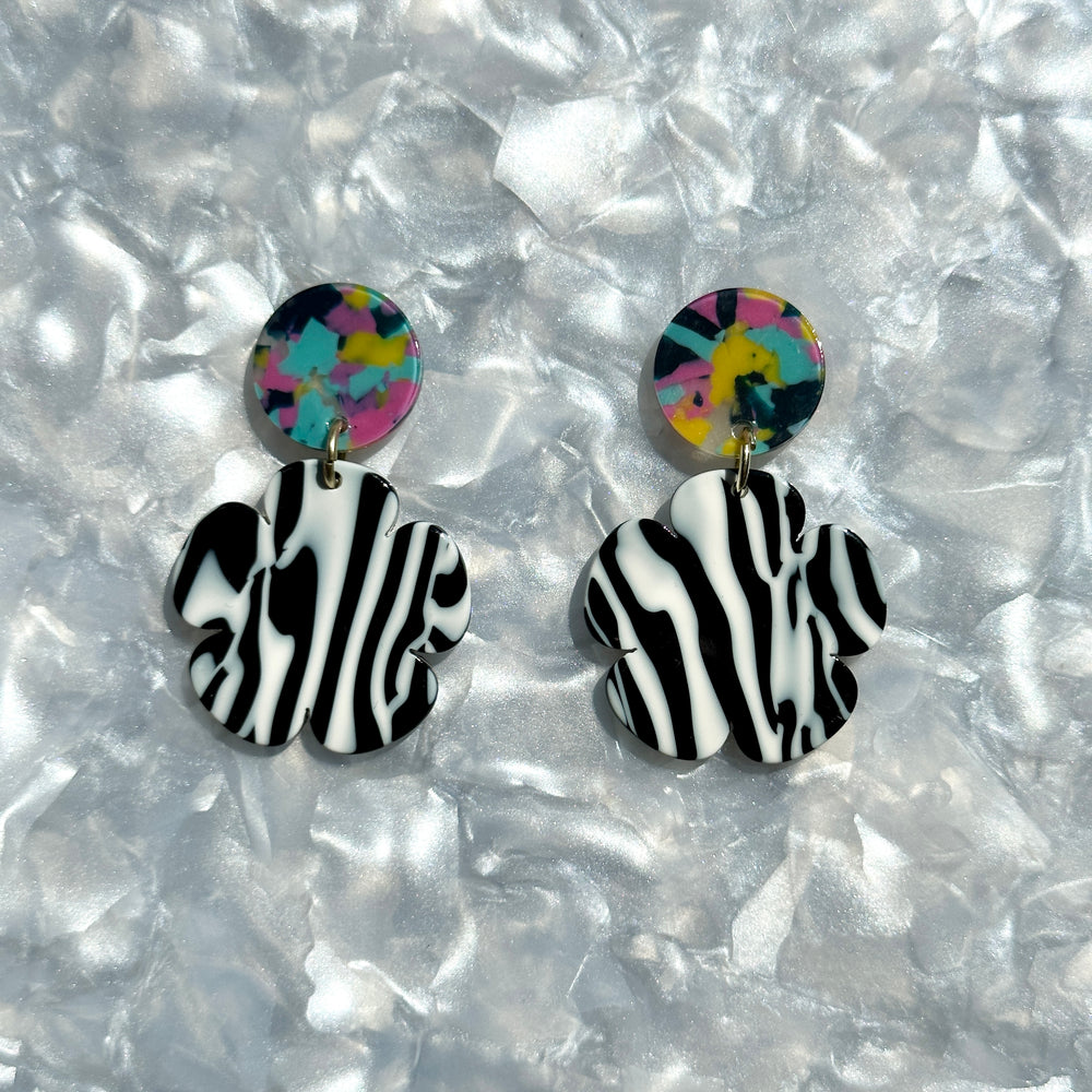 Mini Flower Drop Earrings in Black and White with Multicolor Stud
