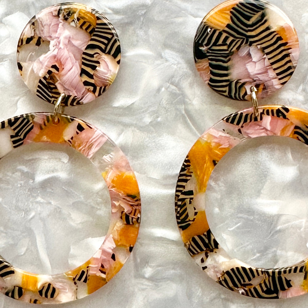 Open Circle Drop Earrings in Pink Tiger