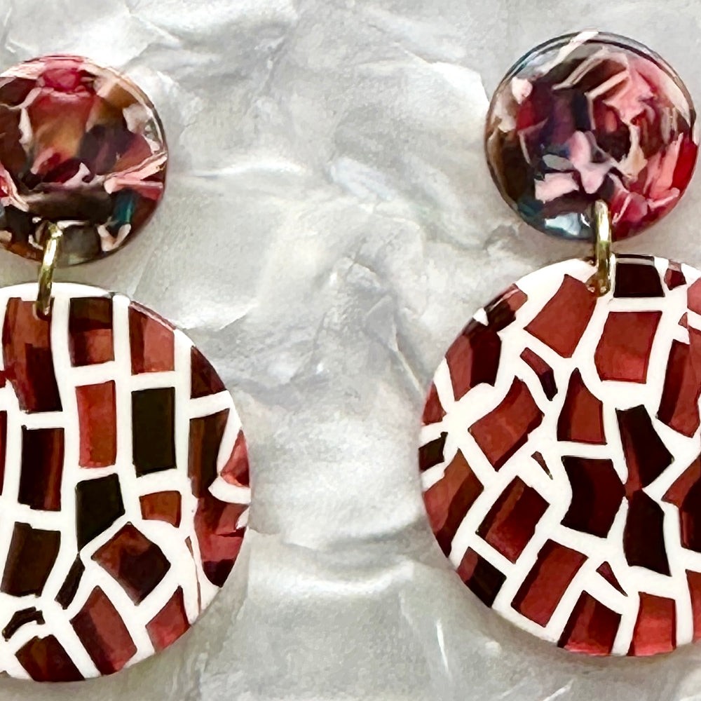 Mini Circle Drop Earrings in Red Mosaic