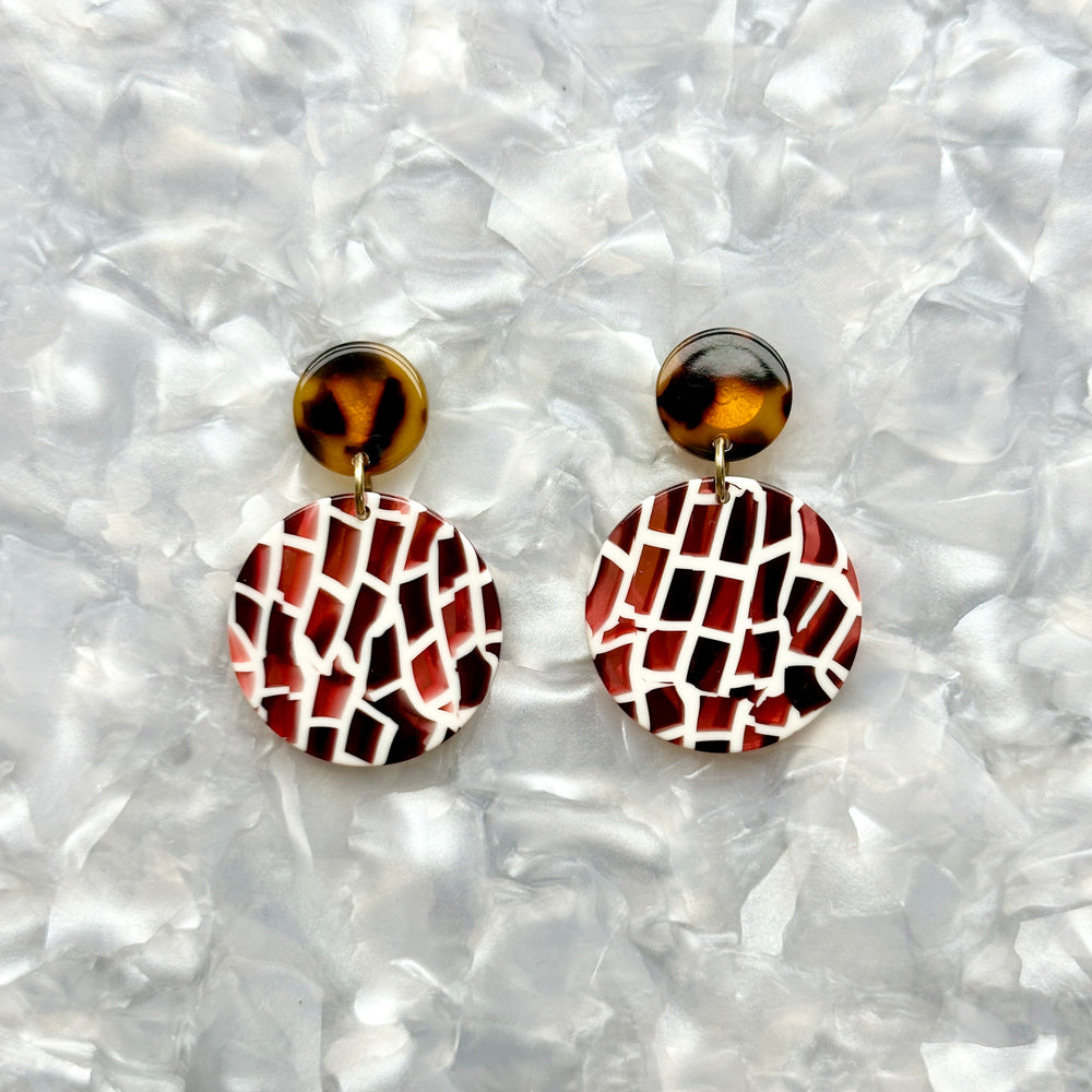 Mini Circle Drop Earrings in Red Mosaic and Tortoise