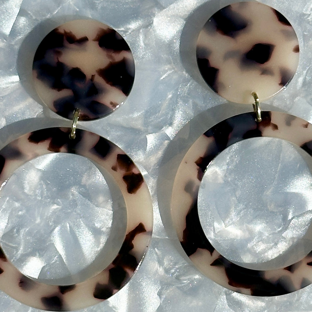 Open Circle Drop Earrings in Black and White Tortoise