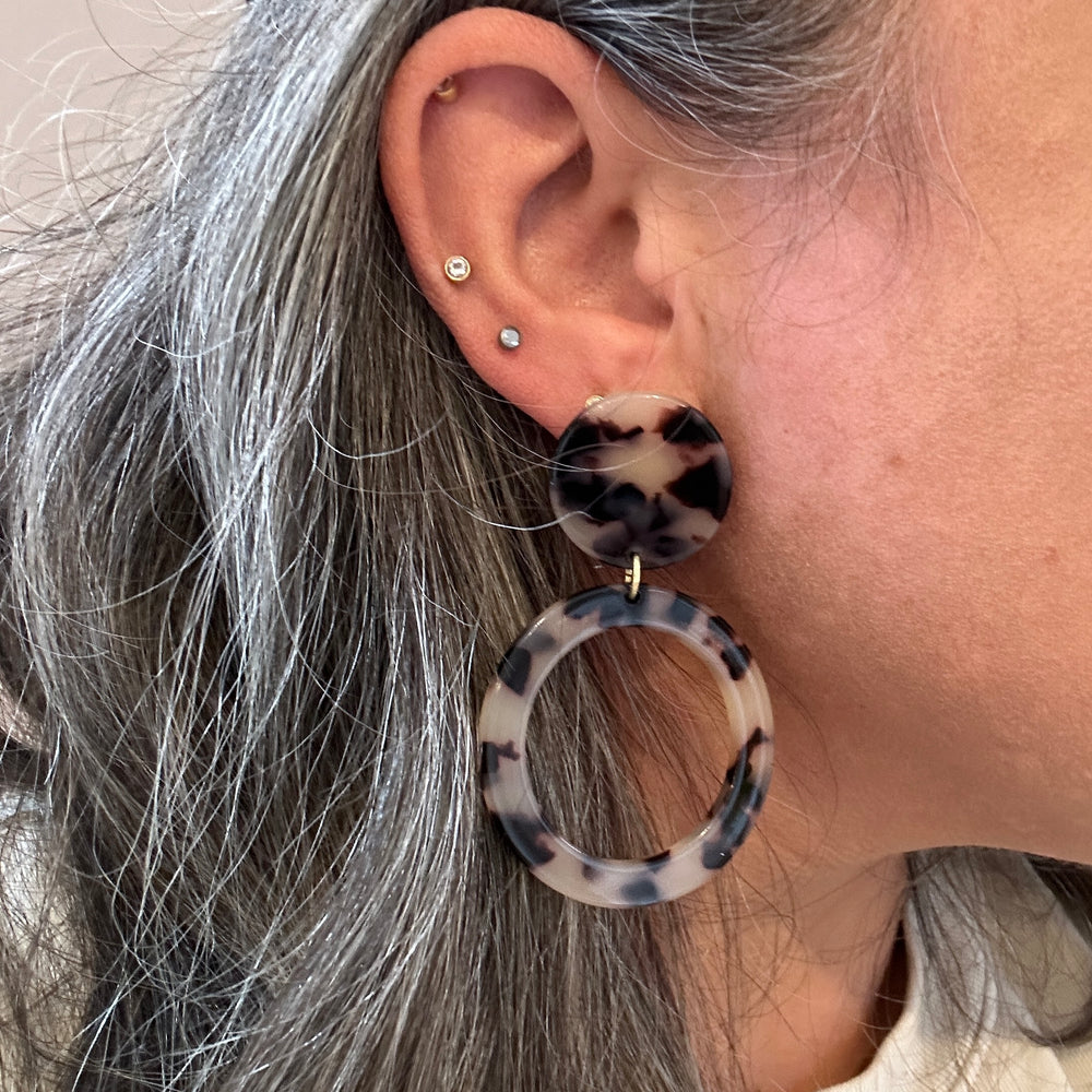 Open Circle Drop Earrings in Black and White Tortoise