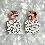 Small Acrylic Square Drop Earrings in You Crackle Me Up, black, white and light multicolor