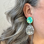 Woman wearing  Acrylic Teardrop Earrings in Unguilty Pleasures, clear, sliver, green and yellow 