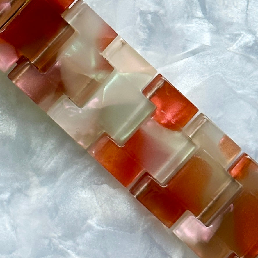 acrylic Apple Watch Band in PCH Love Song orange brown mint green white_close up