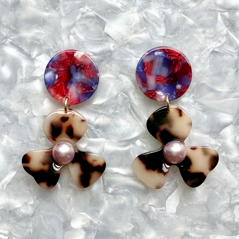 acrylic Flower Drop Earrings in red, purple and blonde tortoise