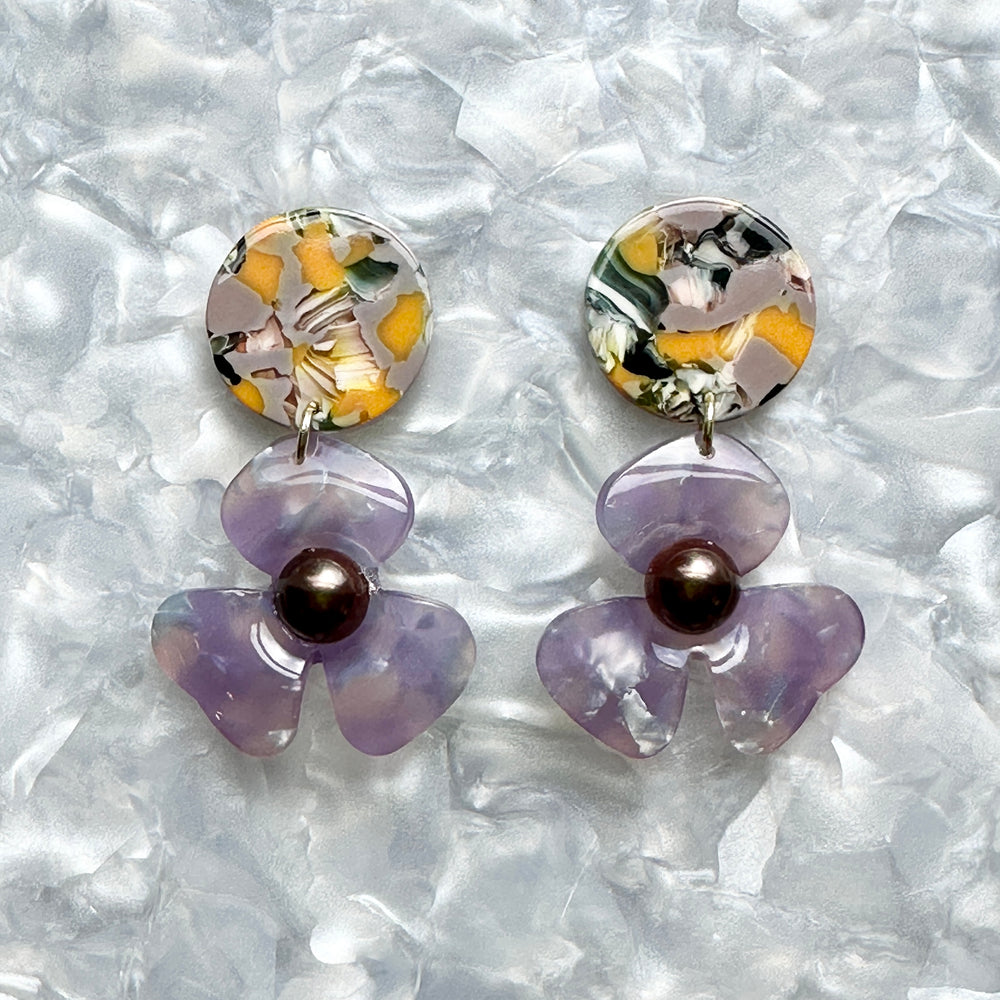 acrylic Flower Drop Earrings in yellow, green and purple