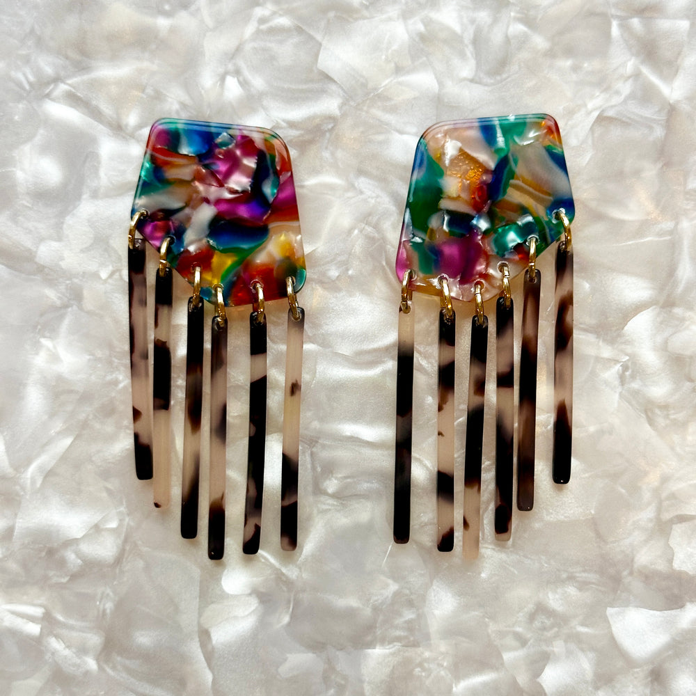 Shield Fringe Earrings in Rainbow Bright