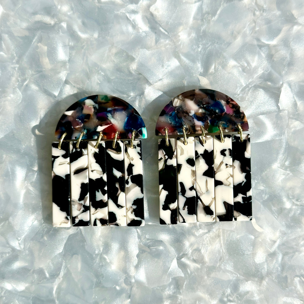 acrylic Fringe Earrings in black, white and multicolor