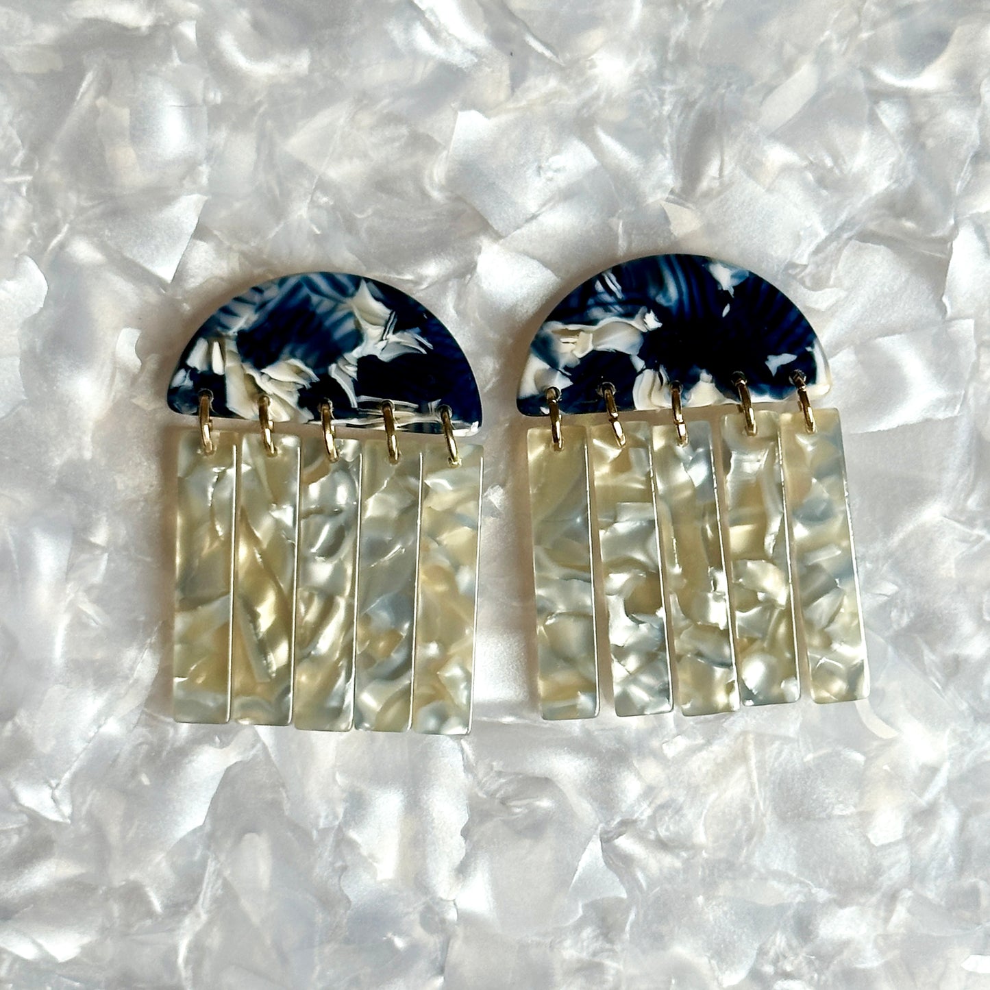 acrylic Fringe Earrings in blue and beige