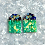 acrylic Fringe Earrings in blue, lime green and yellow