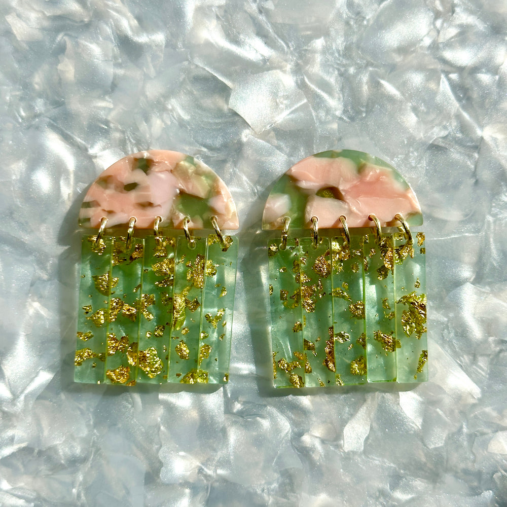 acrylic Fringe Earrings in green and pink