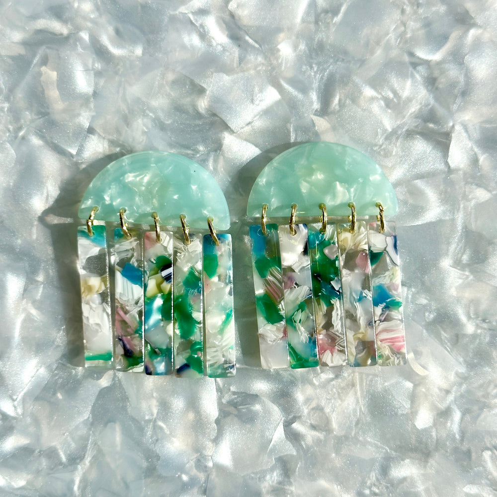 acrylic Fringe Earrings in green, white, blue and pink