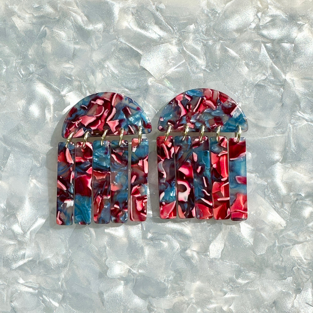 acrylic Fringe Earrings in magenta pink and blue