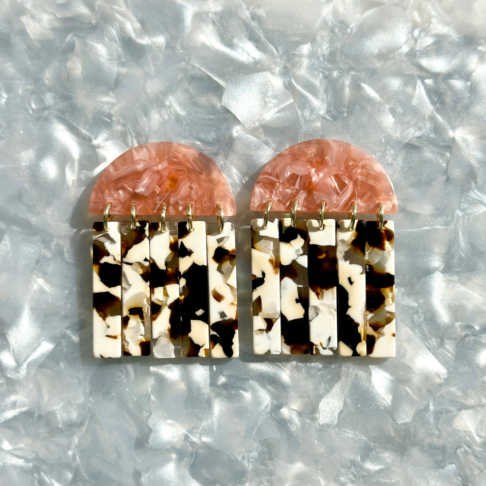 acrylic Fringe Earrings in nougat brown, cream and pink