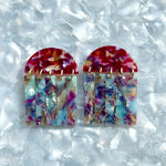 acrylic Fringe Earrings in pink, blue, and purple