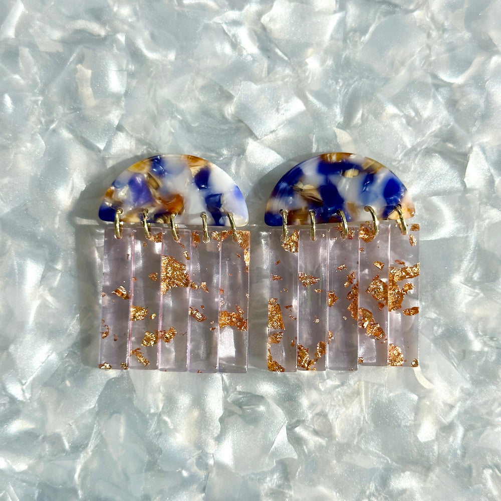 acrylic Fringe Earrings in yellow, purple and gold