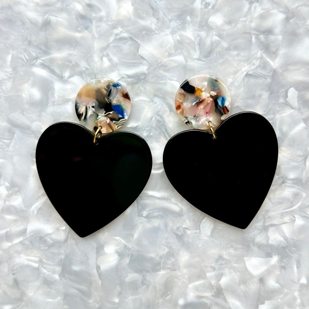 acrylic Heart Earrings in Secret Admirer, black and light multicolor 