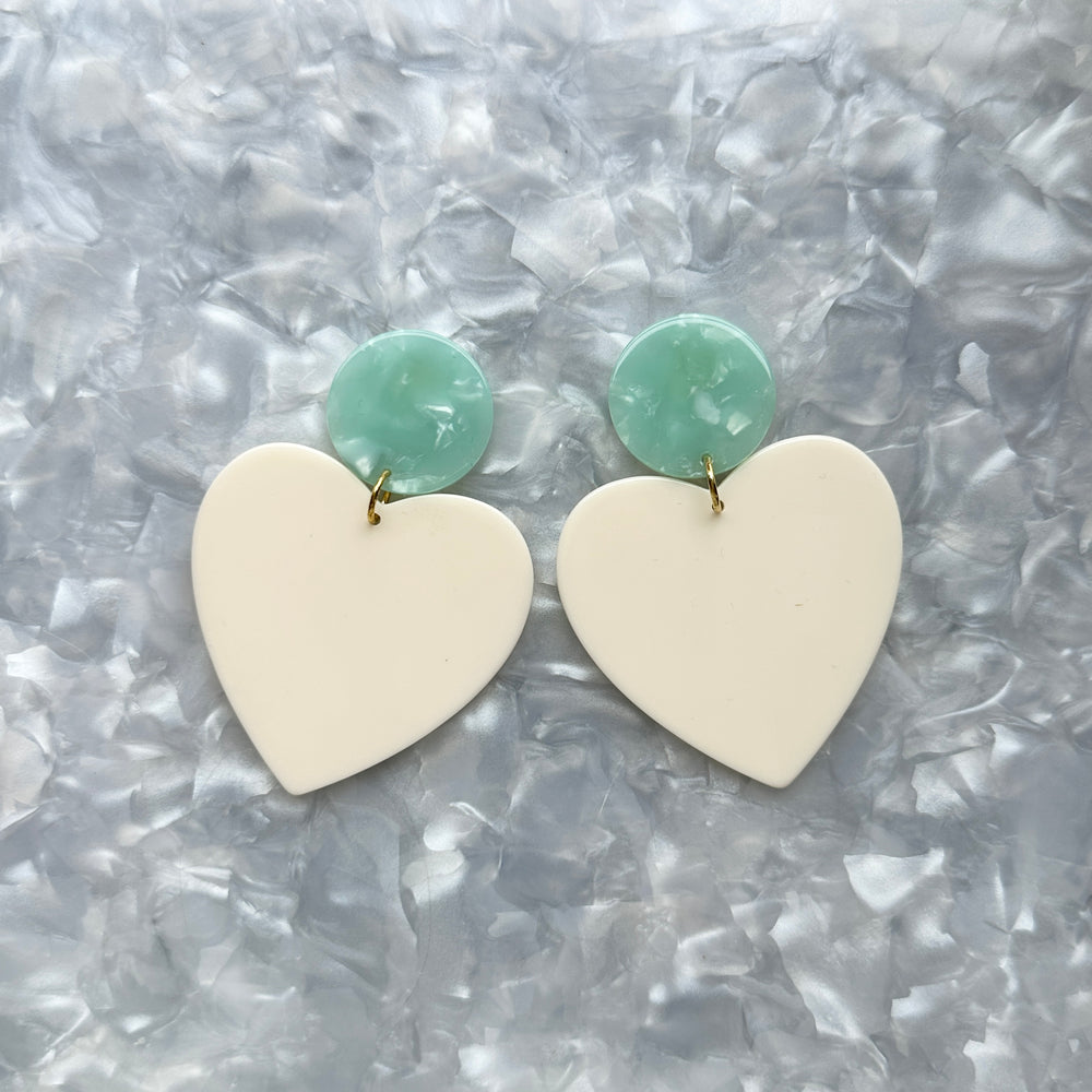 acrylic Heart Earrings in Sweet Heart, cream and teal green 