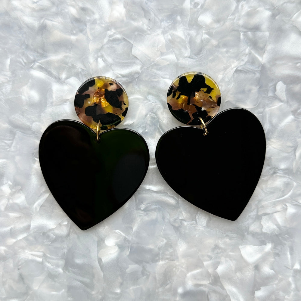 acrylic Heart Earrings in Undercover Lover, black, yellow and brown