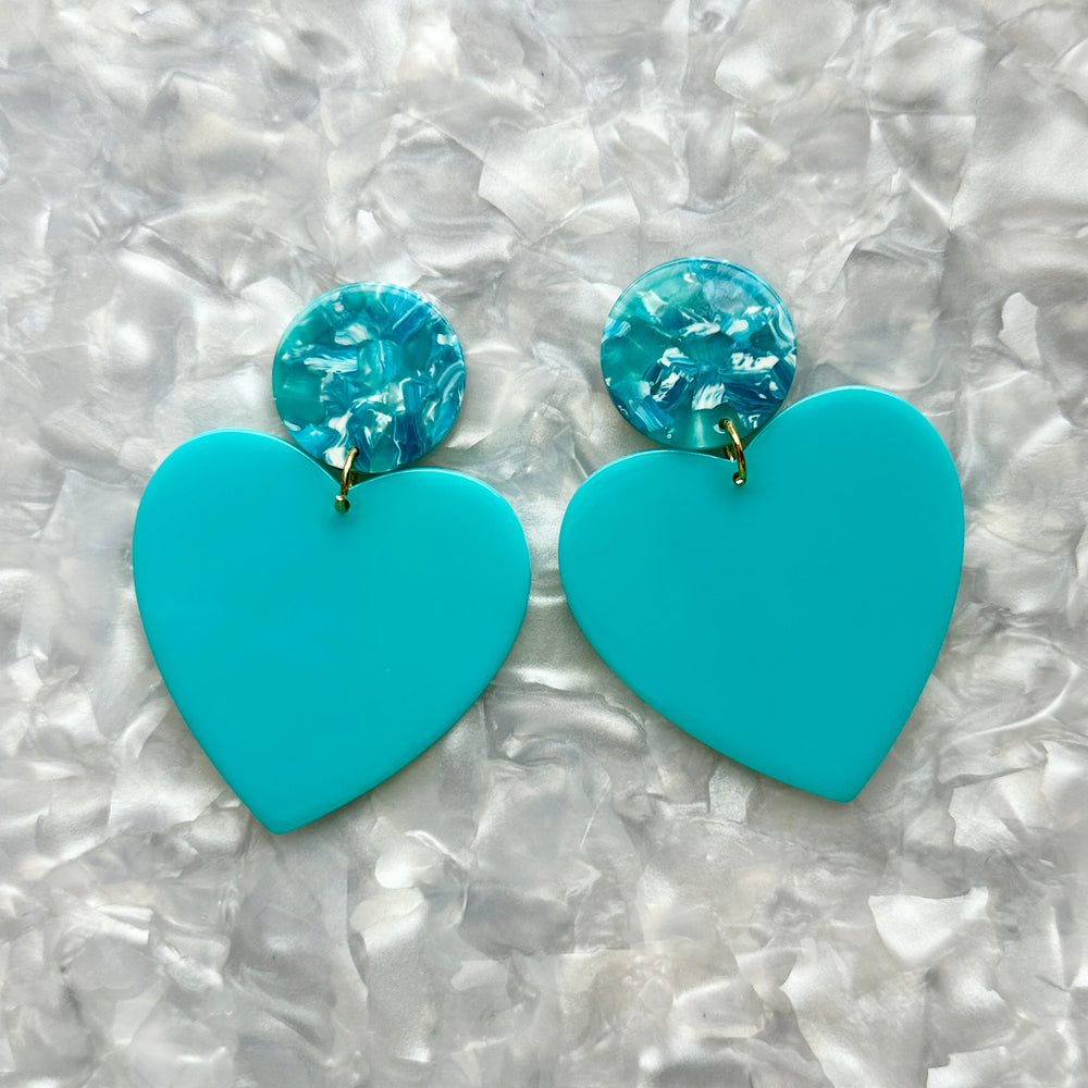 acrylic Heart Earrings in Waterfalling in Love and Blue 