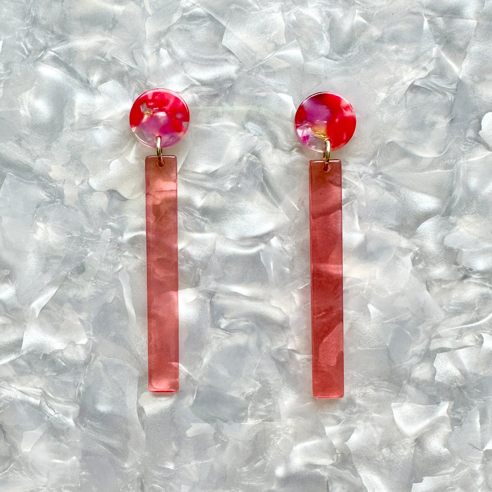 acrylic Matchstick Drop Earrings in Hot red and pink