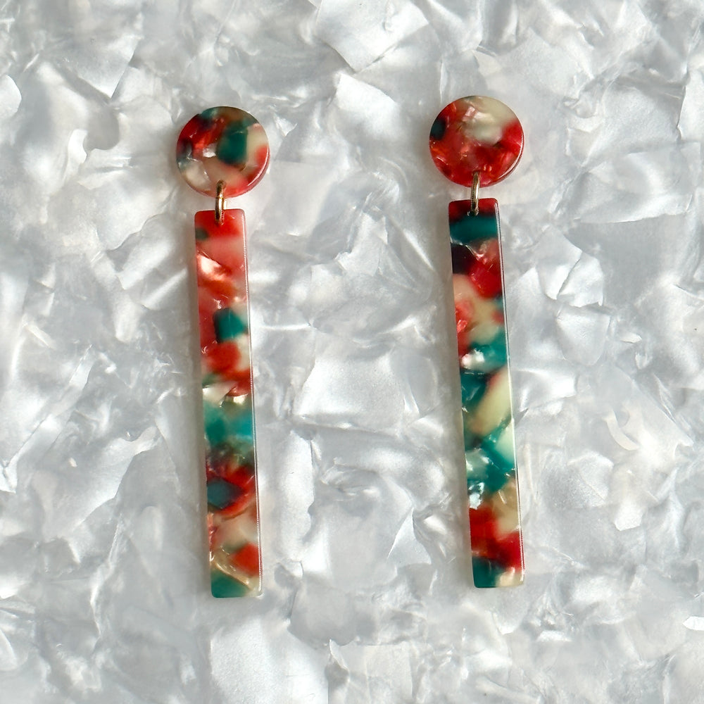 acrylic Matchstick Drop Earrings in Red Hot Chili Pepper red, green and white