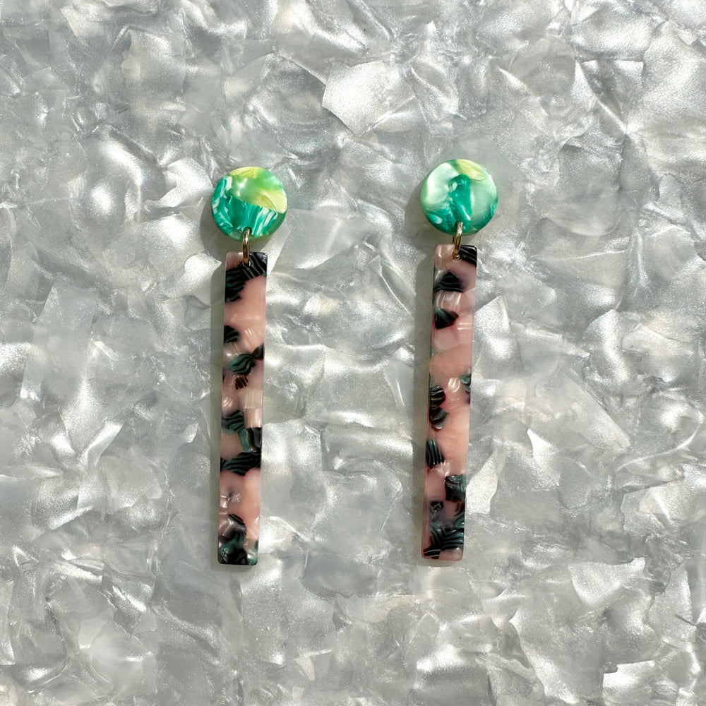 acrylic Matchstick Drop Earrings in Tickled Pink with Envy pink, green and black